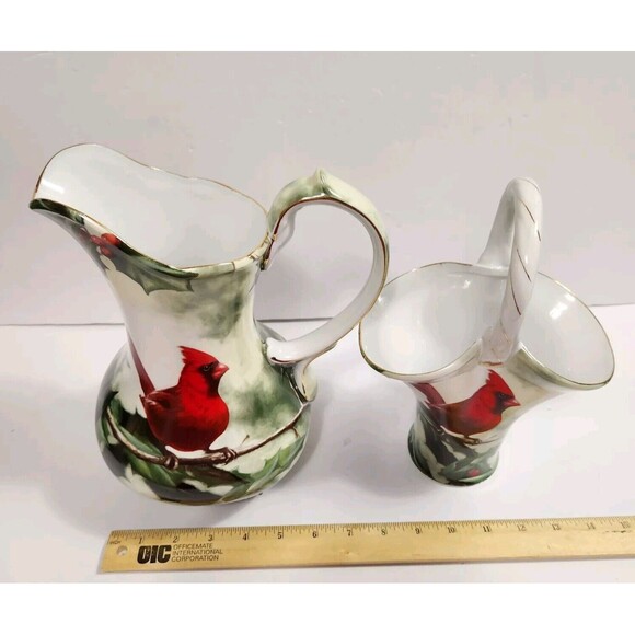 Cardinal in Holly Porcelain Pitcher & Basket Christmas Holiday Table Red Green - Picture 8 of 8